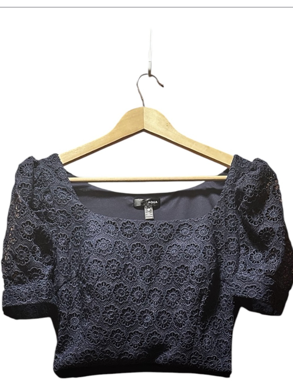 Aqua Navy Floral Lace Puff-Sleeve Crop Top